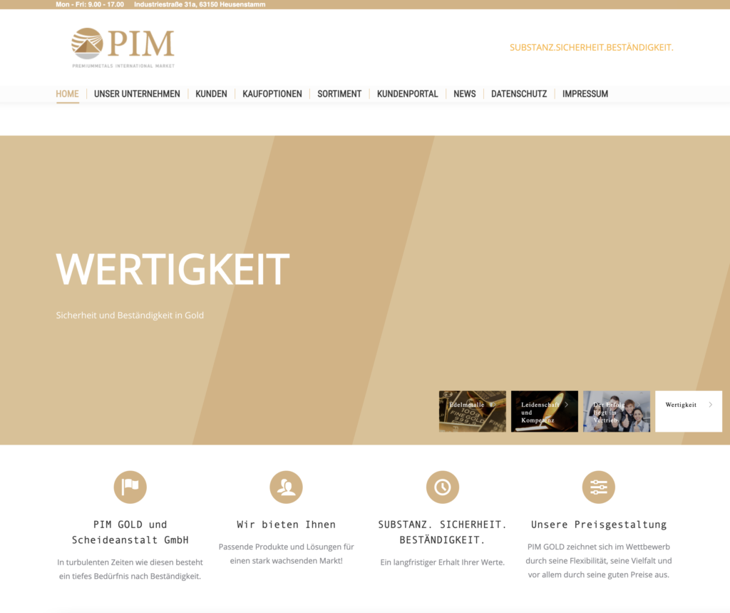 Screenshot Website PIM-Gold